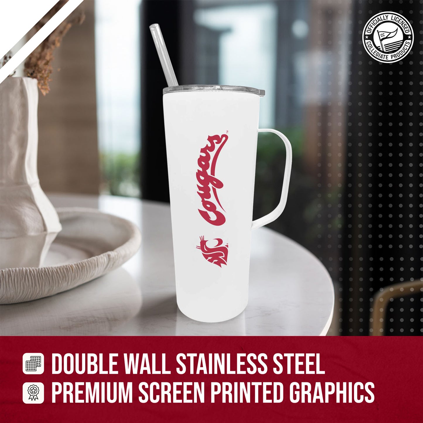 Washington State Cougars NCAA Stainless Steal 20oz Roadie With Handle & Dual Option Lid With Straw - White