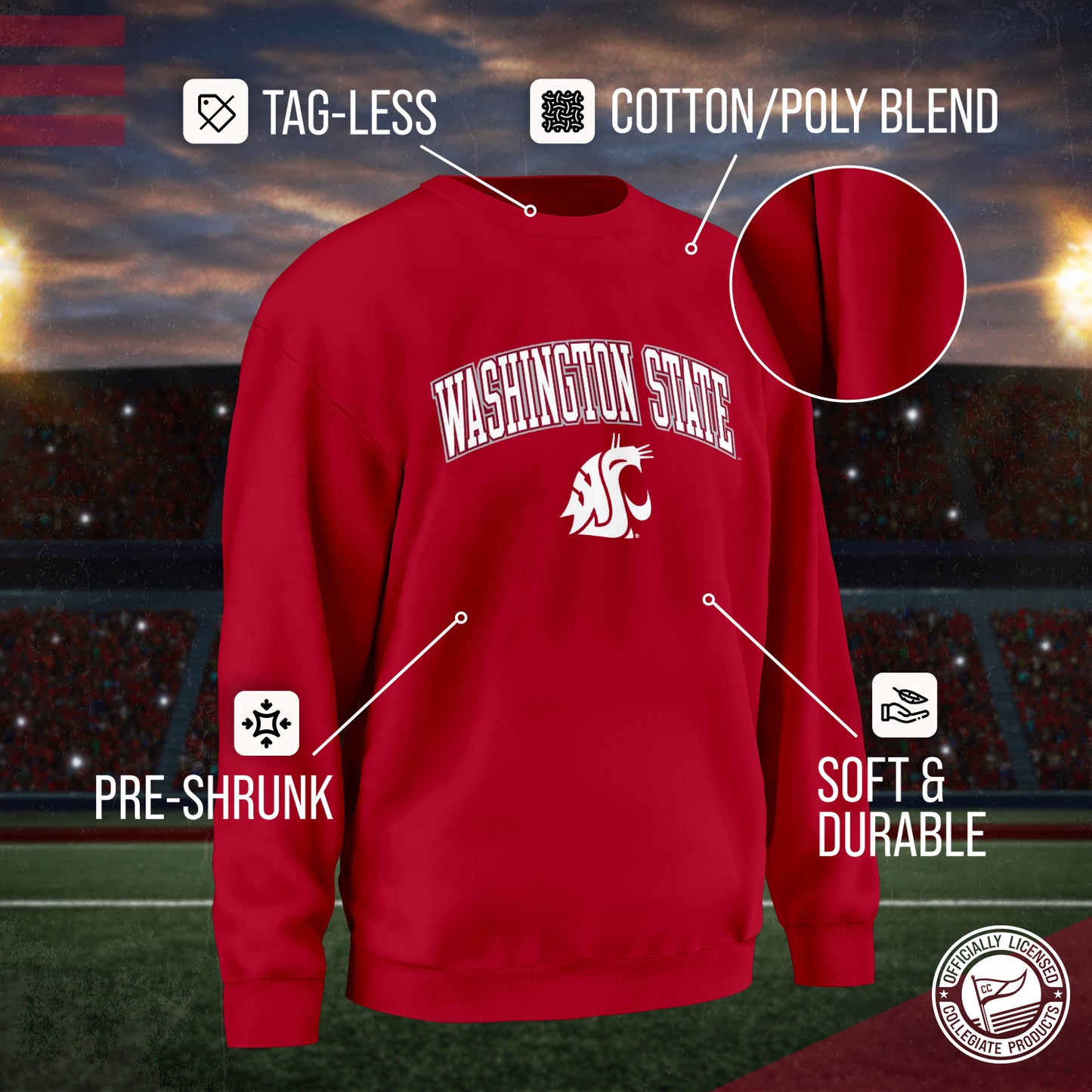 Washington State Cougars Adult Arch & Logo Soft Style Gameday Crewneck Sweatshirt - Cardinal