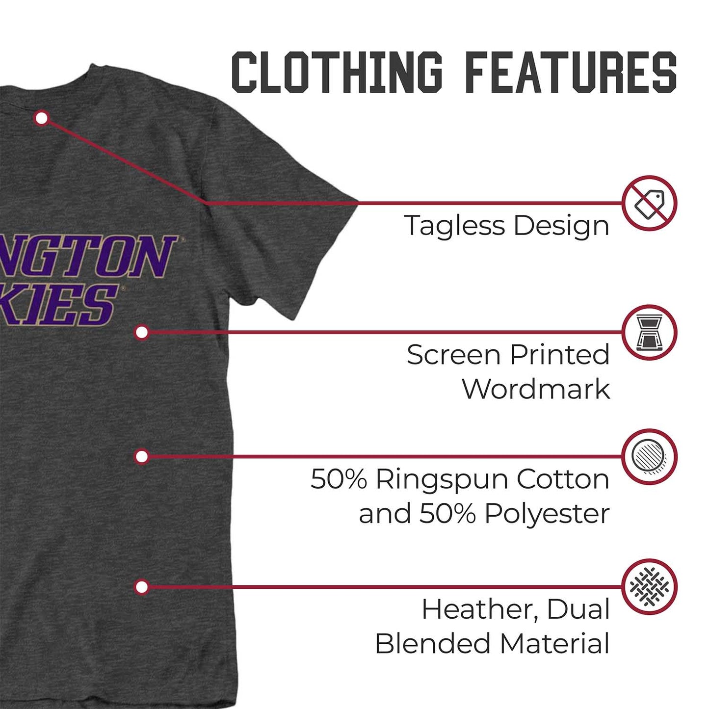 Washington Huskies Campus Colors NCAA Adult Cotton Blend Charcoal Tagless T-Shirt - Charcoal