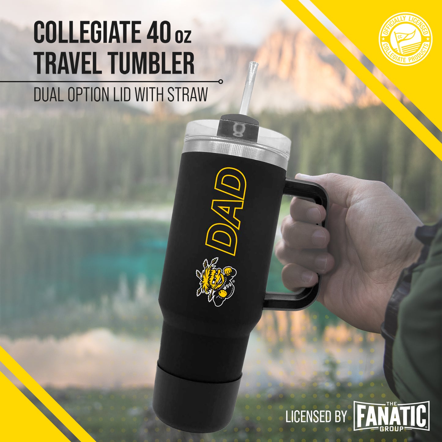 Wichita State Shockers Collegiate 40oz Stainless Steel Travel Tumbler with Handle for Dad - Black