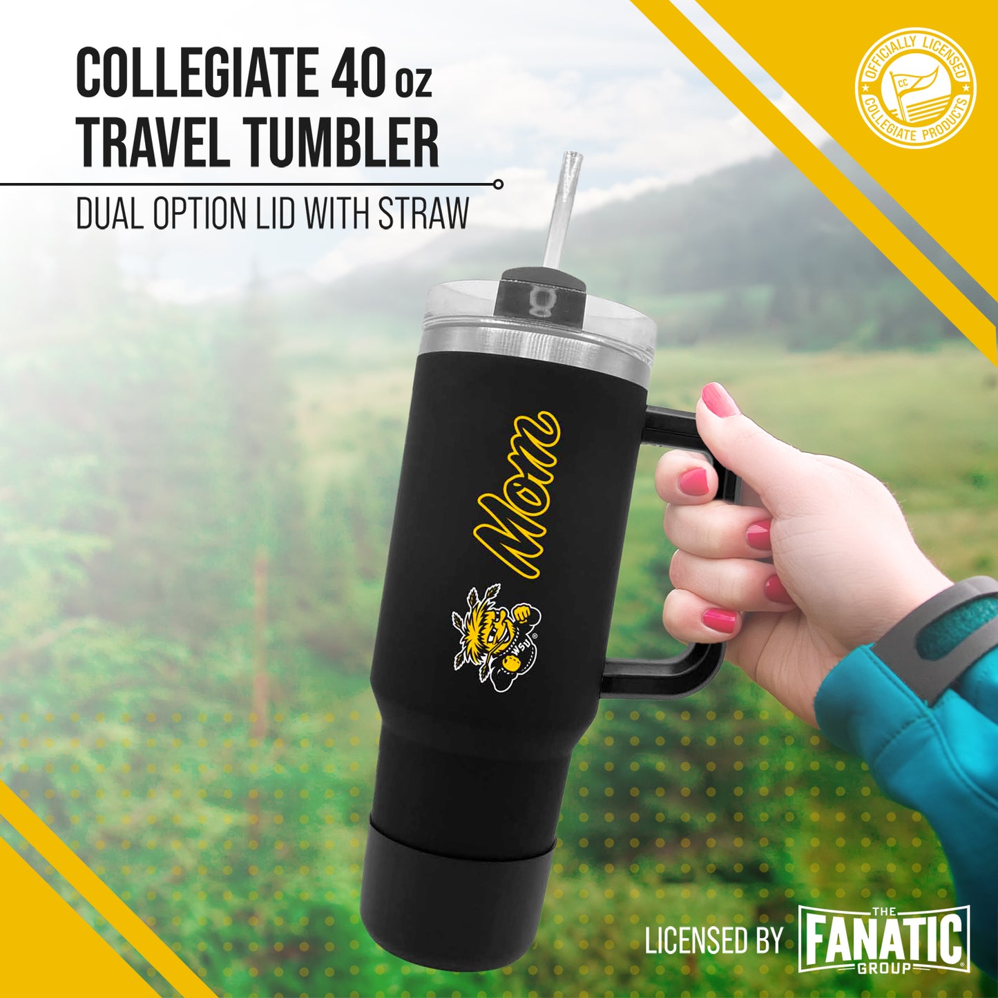 Wichita State Shockers Collegiate 40oz Stainless Steel Travel Tumbler with Handle for Mom - Black