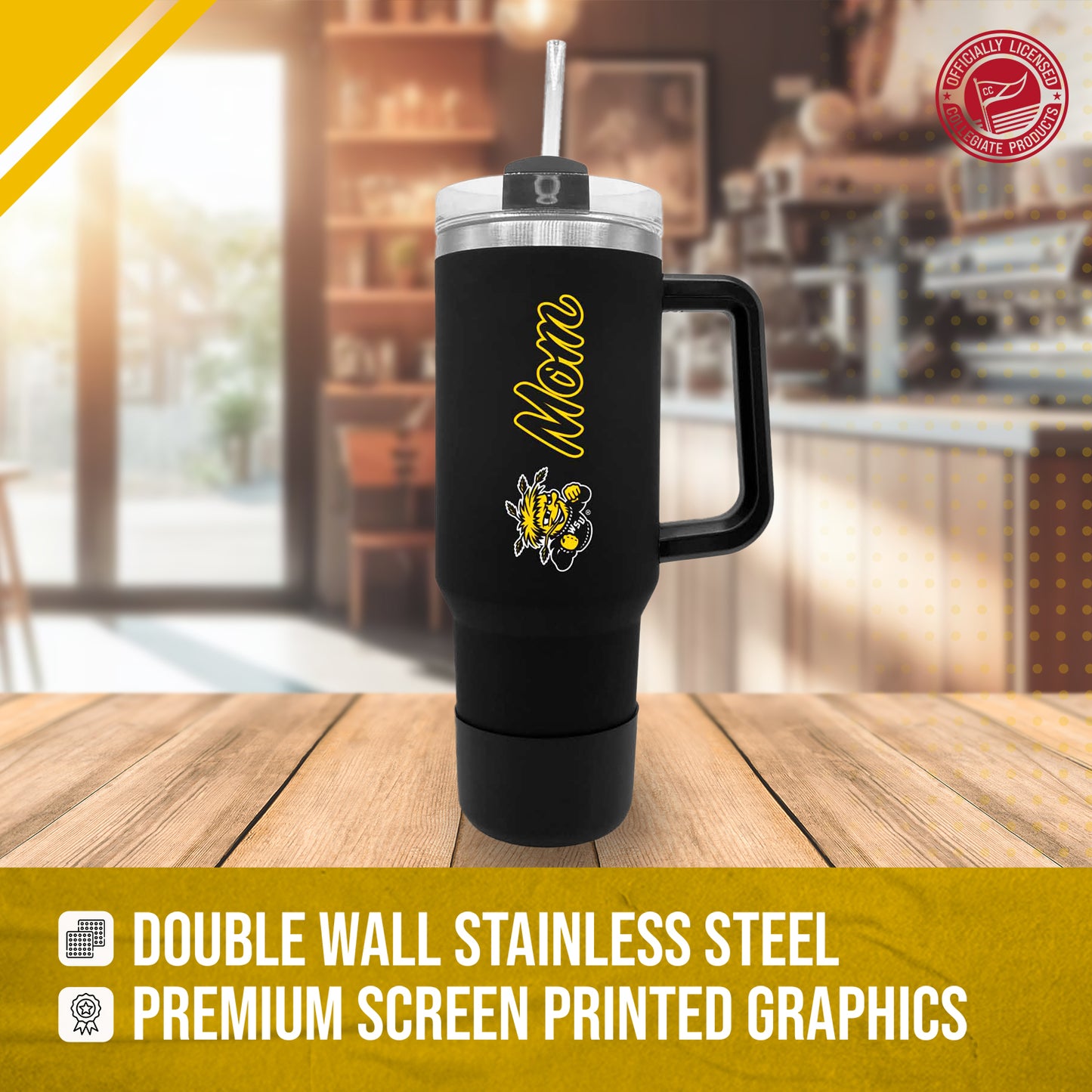 Wichita State Shockers Collegiate 40oz Stainless Steel Travel Tumbler with Handle for Mom - Black