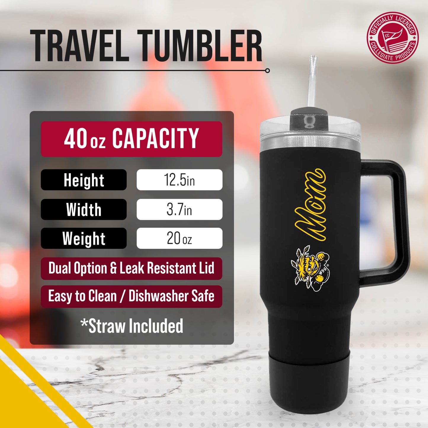 Wichita State Shockers Collegiate 40oz Stainless Steel Travel Tumbler with Handle for Mom - Black