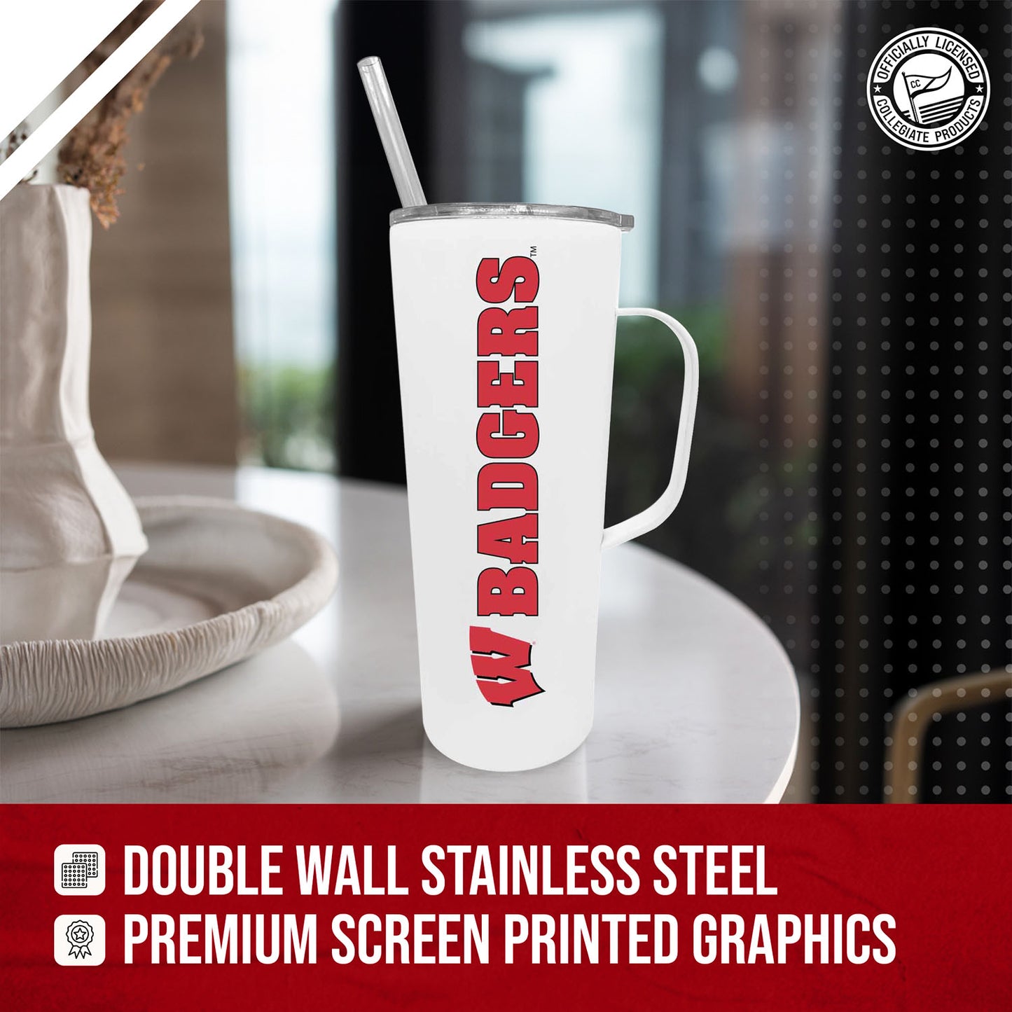 Wisconsin Badgers NCAA Stainless Steel 20oz Roadie With Handle & Dual Option Lid With Straw - White