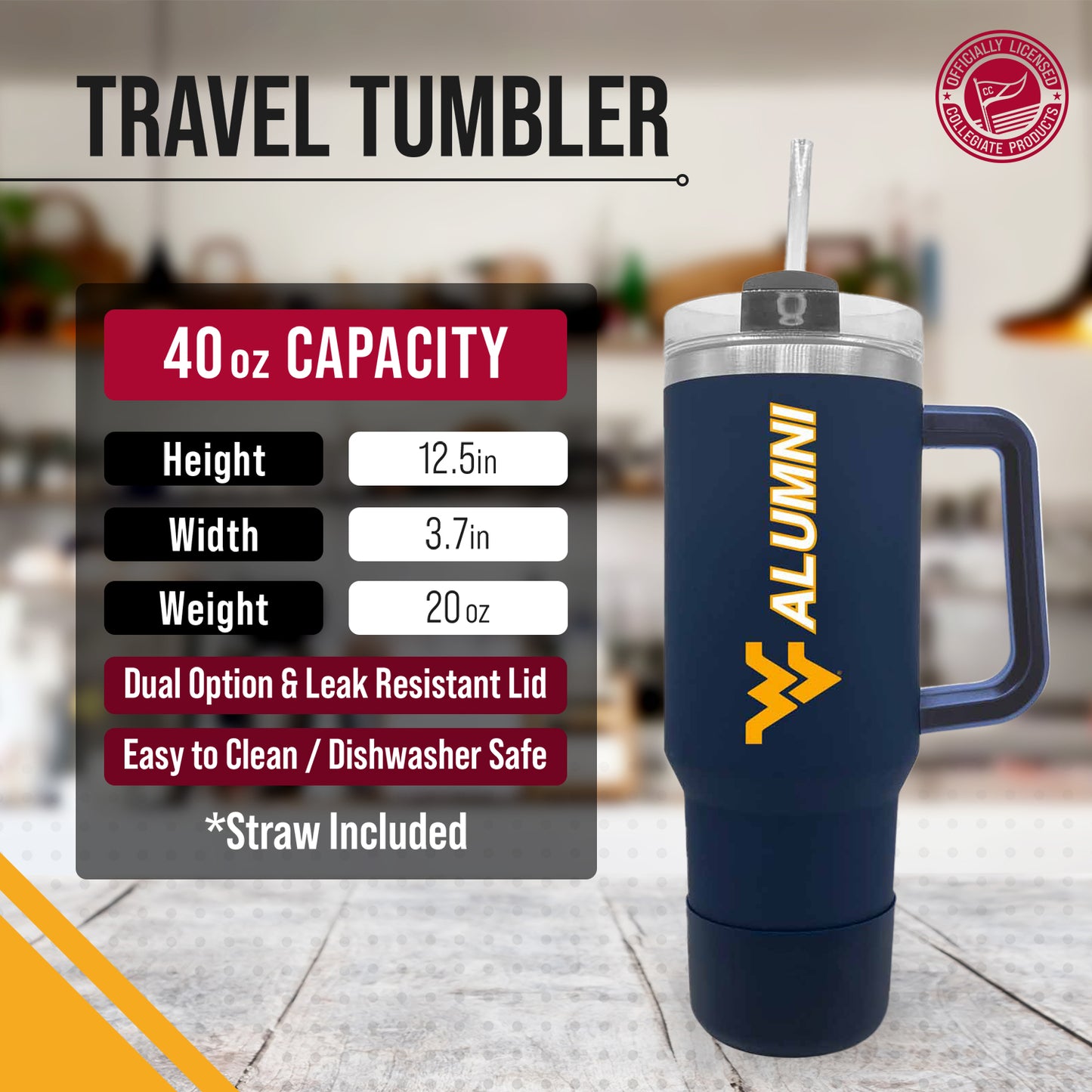 West Virginia Mountaineers Collegiate 40oz Stainless Steel Travel Tumbler with Handle for Alumni - Navy