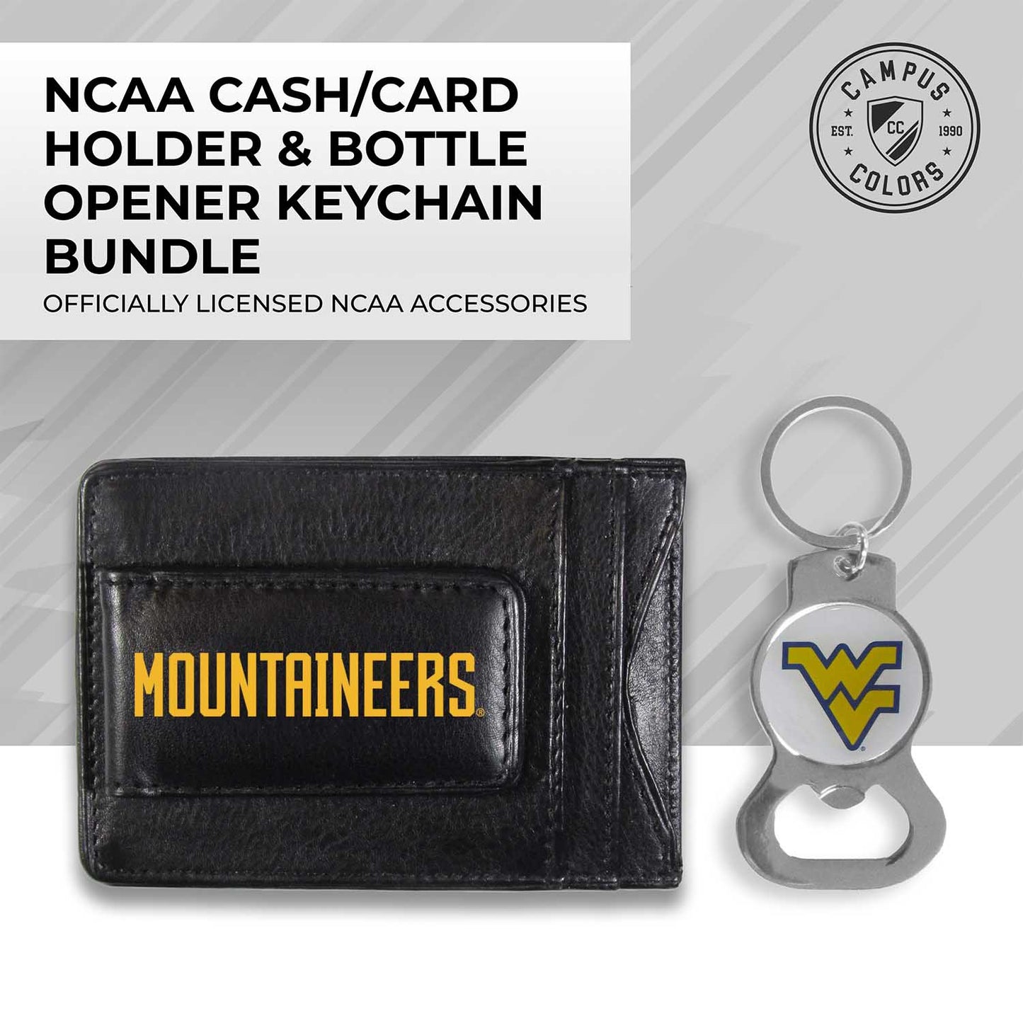 West Virginia Mountaineers School Logo Leather Card/Cash Holder and Bottle Opener Keychain Bundle - Black
