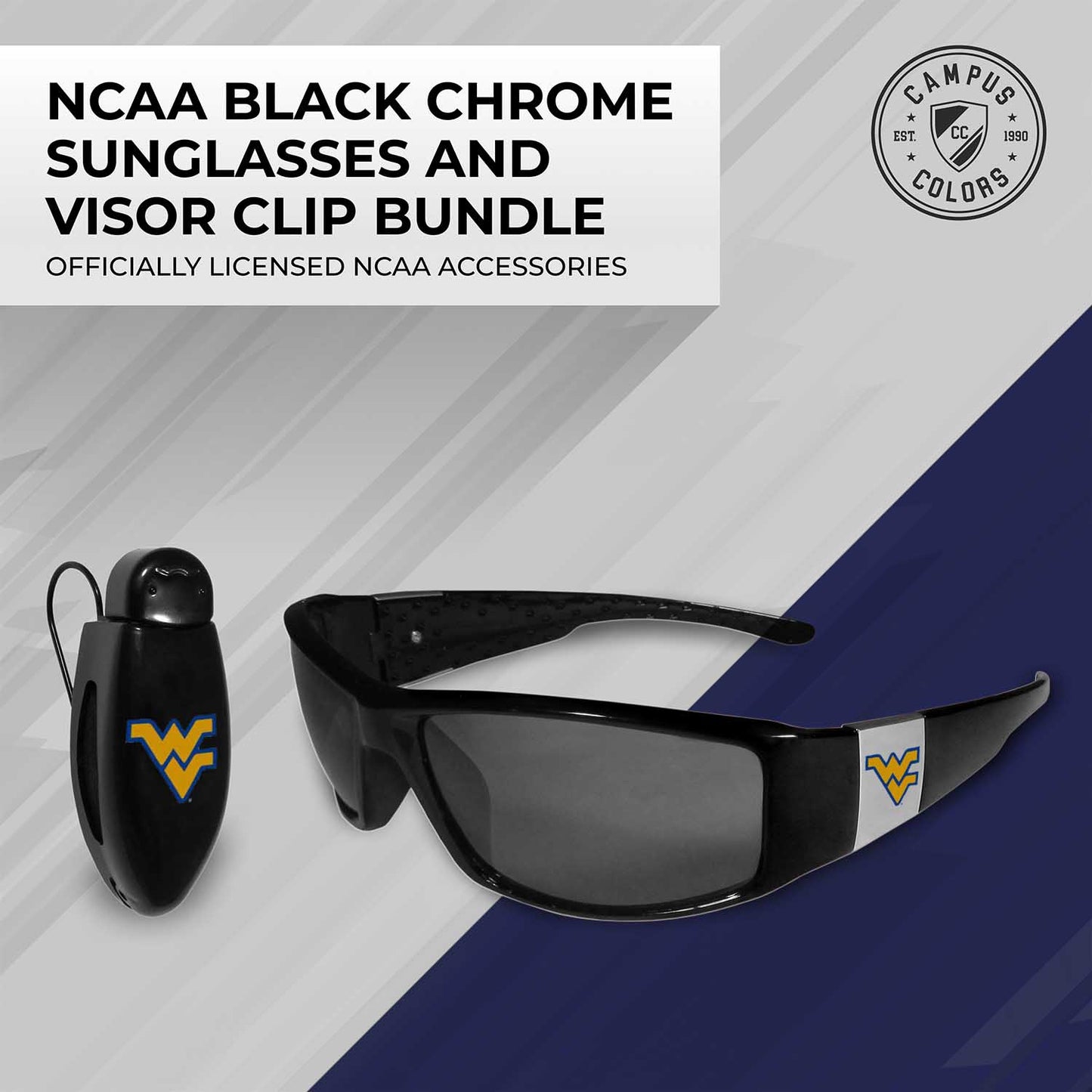 West Virginia Mountaineers NCAA Black Chrome Sunglasses with Visor Clip Bundle - Black