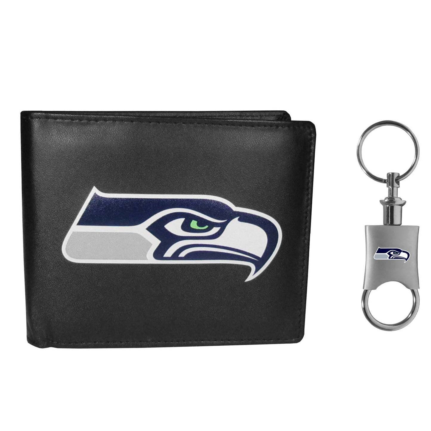 Seattle Seahawks NFL Team Logo Mens Bi Fold Wallet and Unisex Valet Keychain Bundle - Black