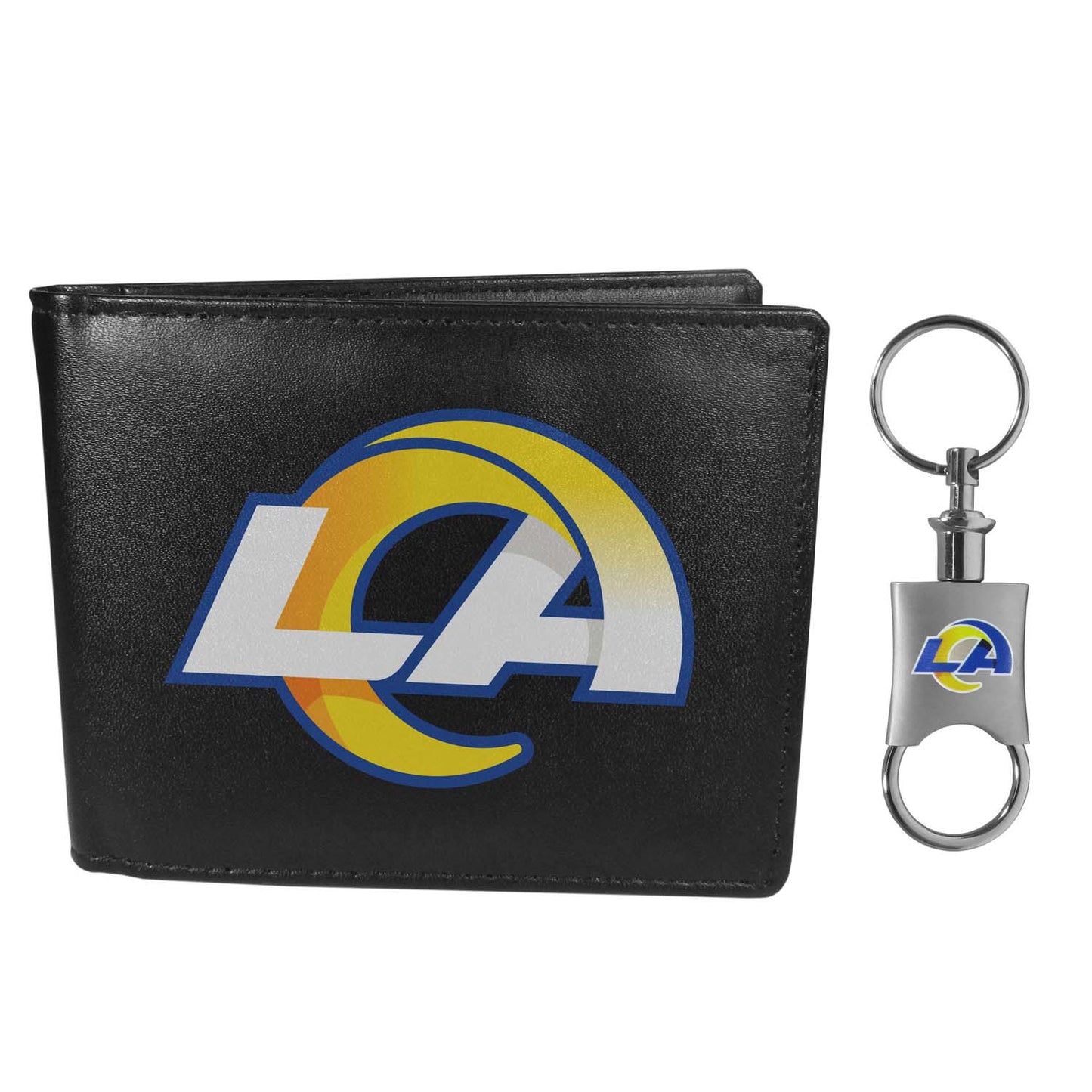 Los Angeles Rams NFL Team Logo Mens Bi Fold Wallet and Unisex Valet Keychain Bundle - Black