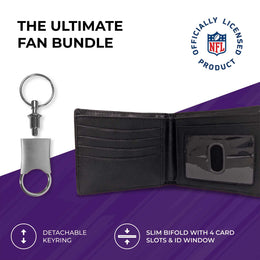 Baltimore Ravens NFL Team Logo Mens Bi Fold Wallet and Unisex Valet Keychain Bundle - Black
