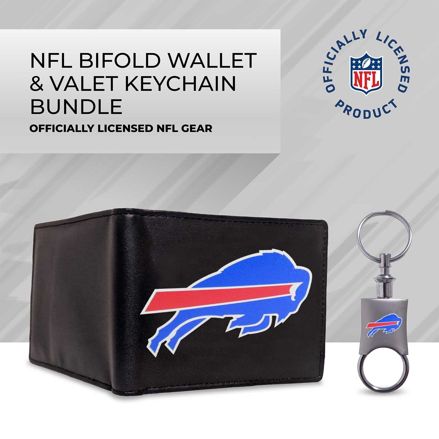 Buffalo Bills NFL Team Logo Mens Bi Fold Wallet and Unisex Valet Keychain Bundle - Black
