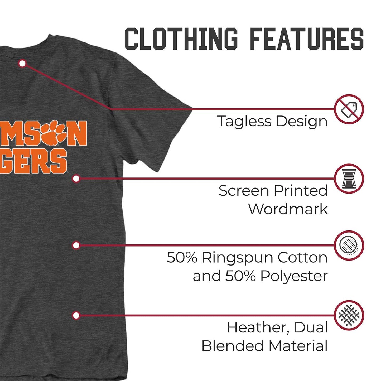 Clemson Tigers Campus Colors NCAA Adult Cotton Blend Charcoal Tagless T-Shirt - Charcoal