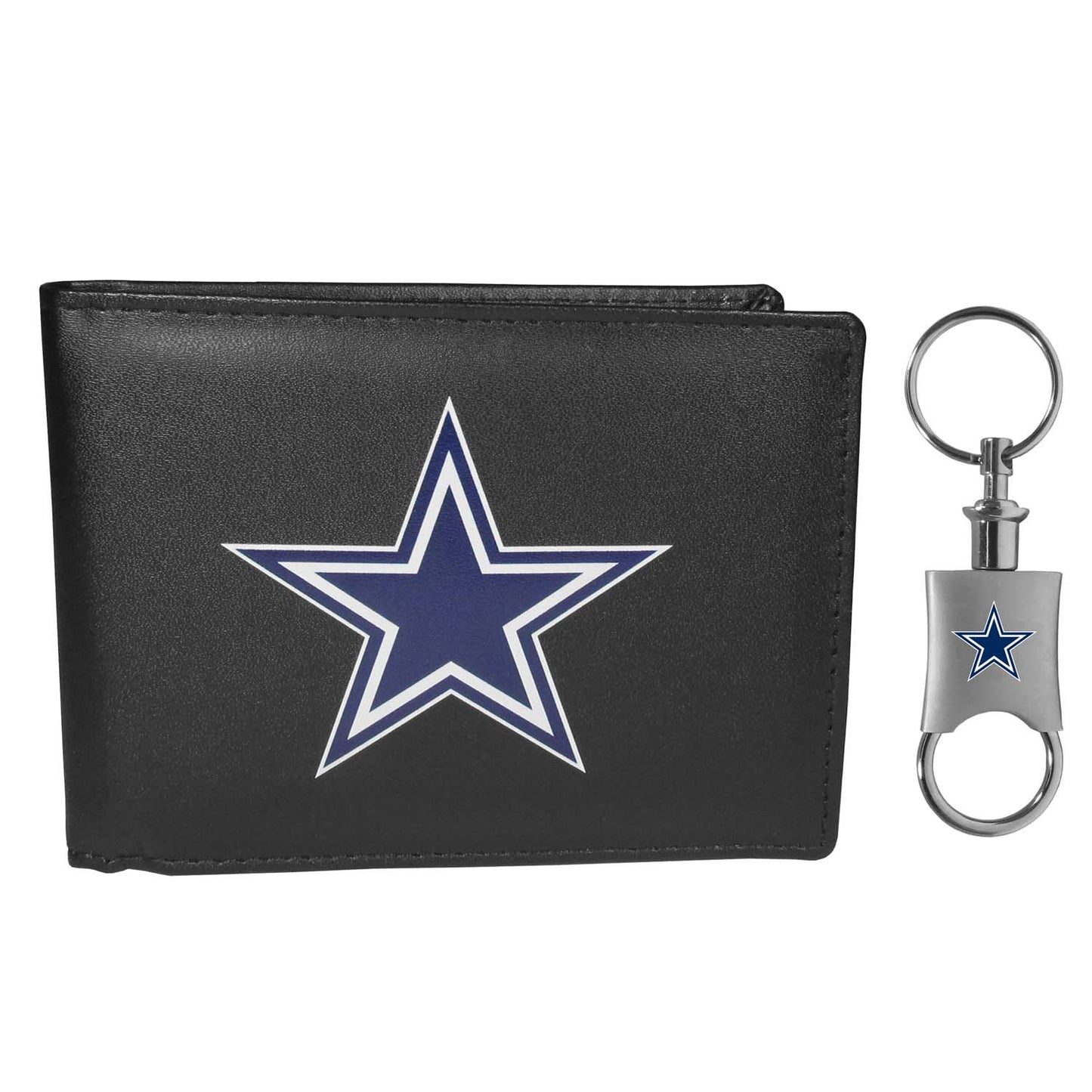 Dallas Cowboys NFL Team Logo Mens Bi Fold Wallet and Unisex Valet Keychain Bundle - Black