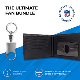 Detroit Lions NFL Team Logo Mens Bi Fold Wallet and Unisex Valet Keychain Bundle - Black