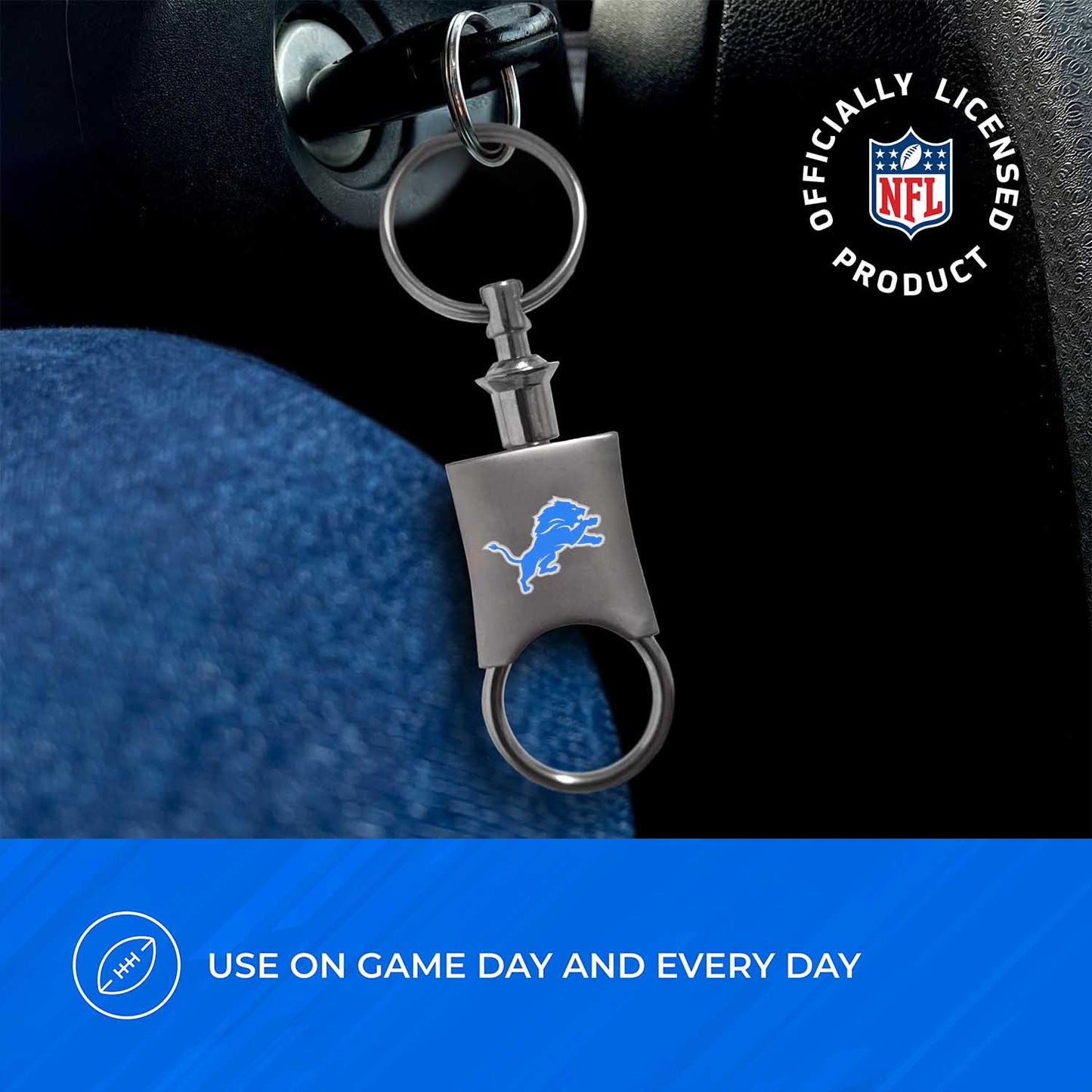 Detroit Lions NFL Team Logo Mens Bi Fold Wallet and Unisex Valet Keychain Bundle - Black