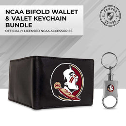 Florida State Seminoles University Team Logo Mens Bi Fold Wallet and Unisex Valet Keychain Bundle - Black