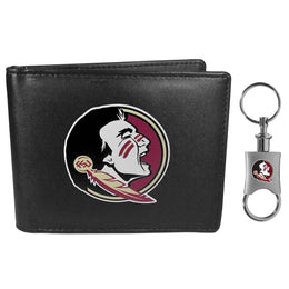 Florida State Seminoles University Team Logo Mens Bi Fold Wallet and Unisex Valet Keychain Bundle - Black