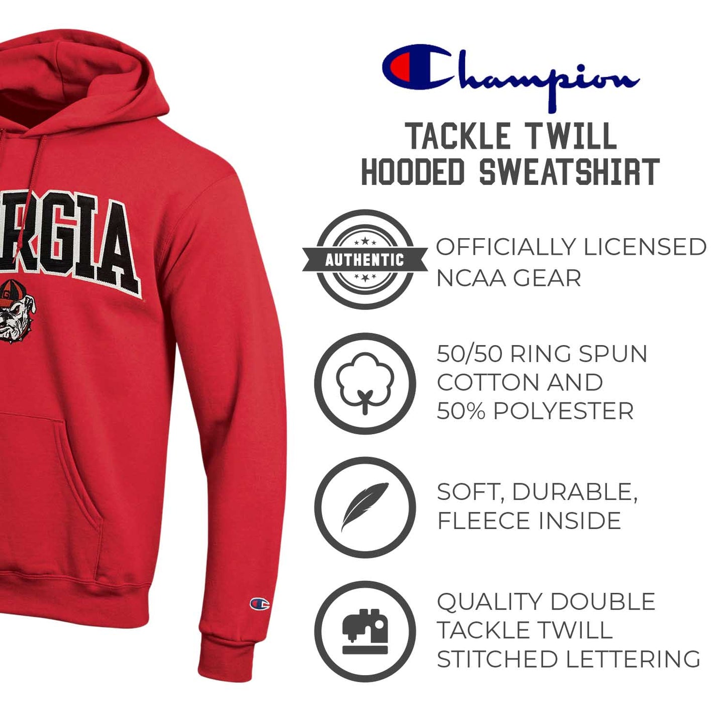 Georgia Bulldogs Champion Adult Tackle Twill Hooded Sweatshirt - Red