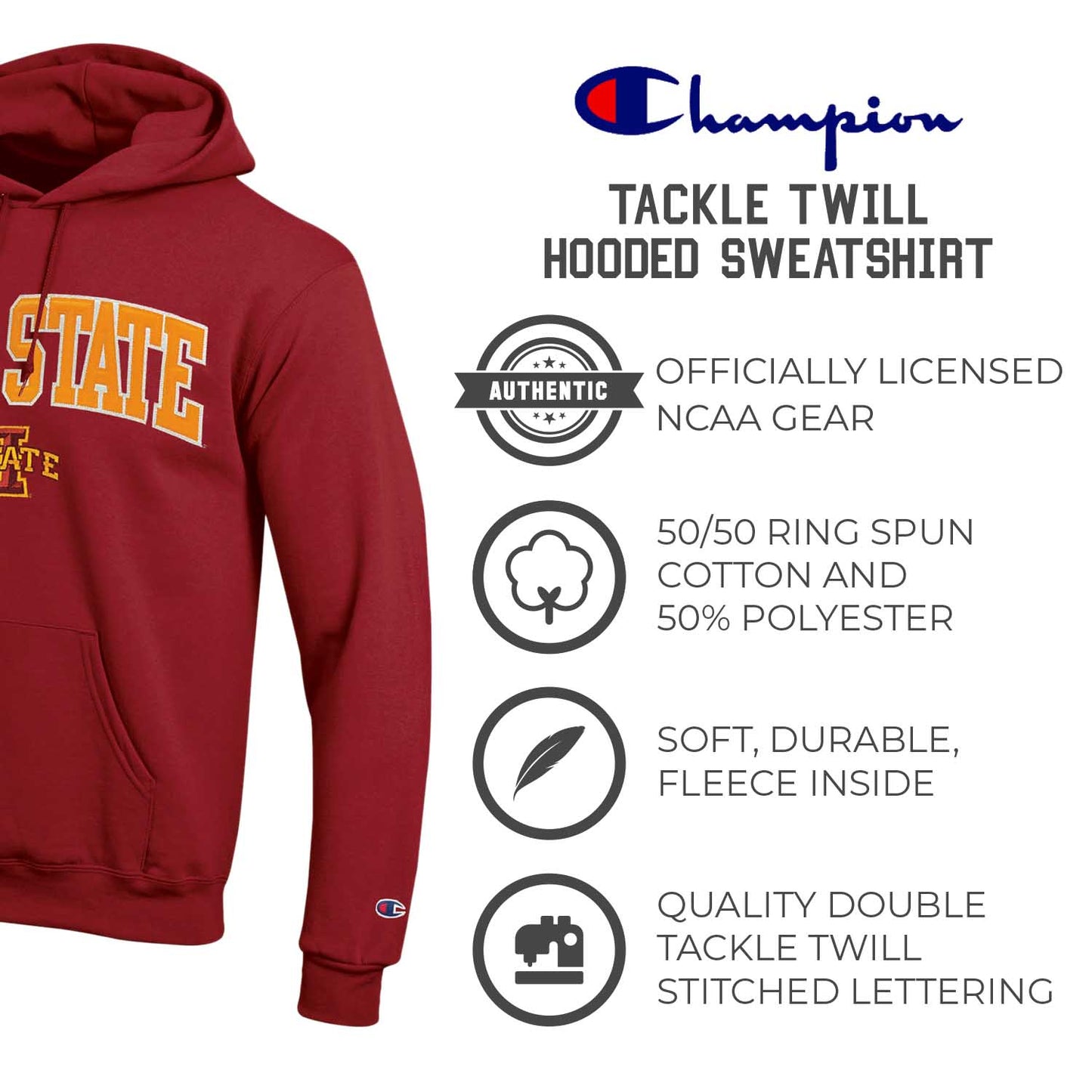 Iowa State Cyclones Champion Adult Tackle Twill Hooded Sweatshirt - Cardinal