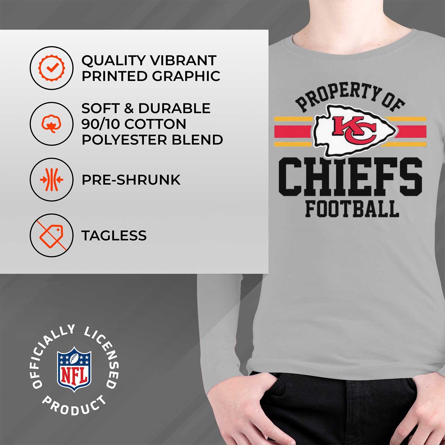 Kansas City Chiefs NFL Youth Property Of Long Sleeve Lightweight T Shirt - Sport Gray
