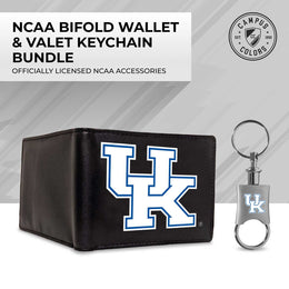 Kentucky Wildcats University Team Logo Mens Bi Fold Wallet and Unisex Valet Keychain Bundle - Black