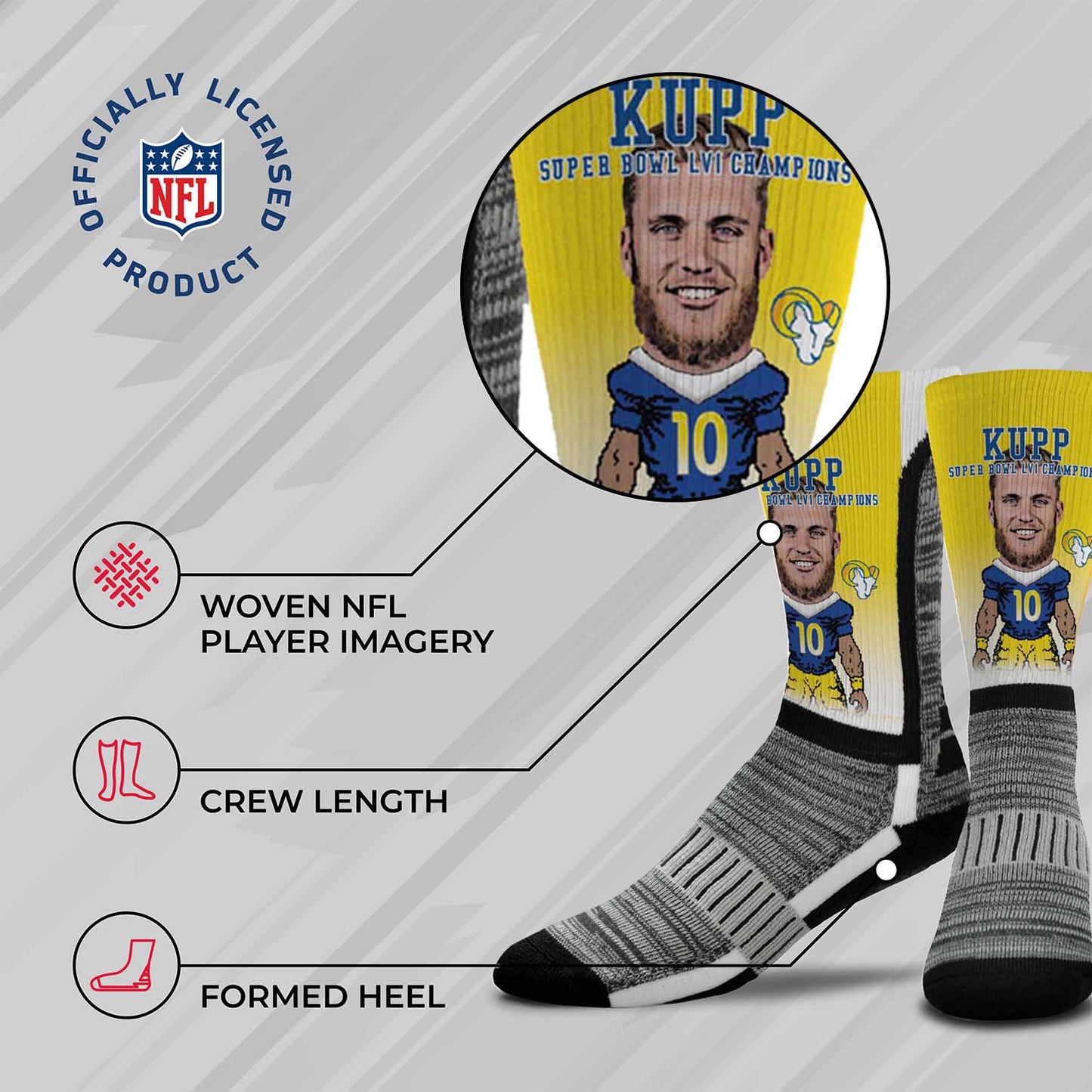 Los Angeles Rams NFL Adult Championship V Curve Crew Player Socks - Gray
