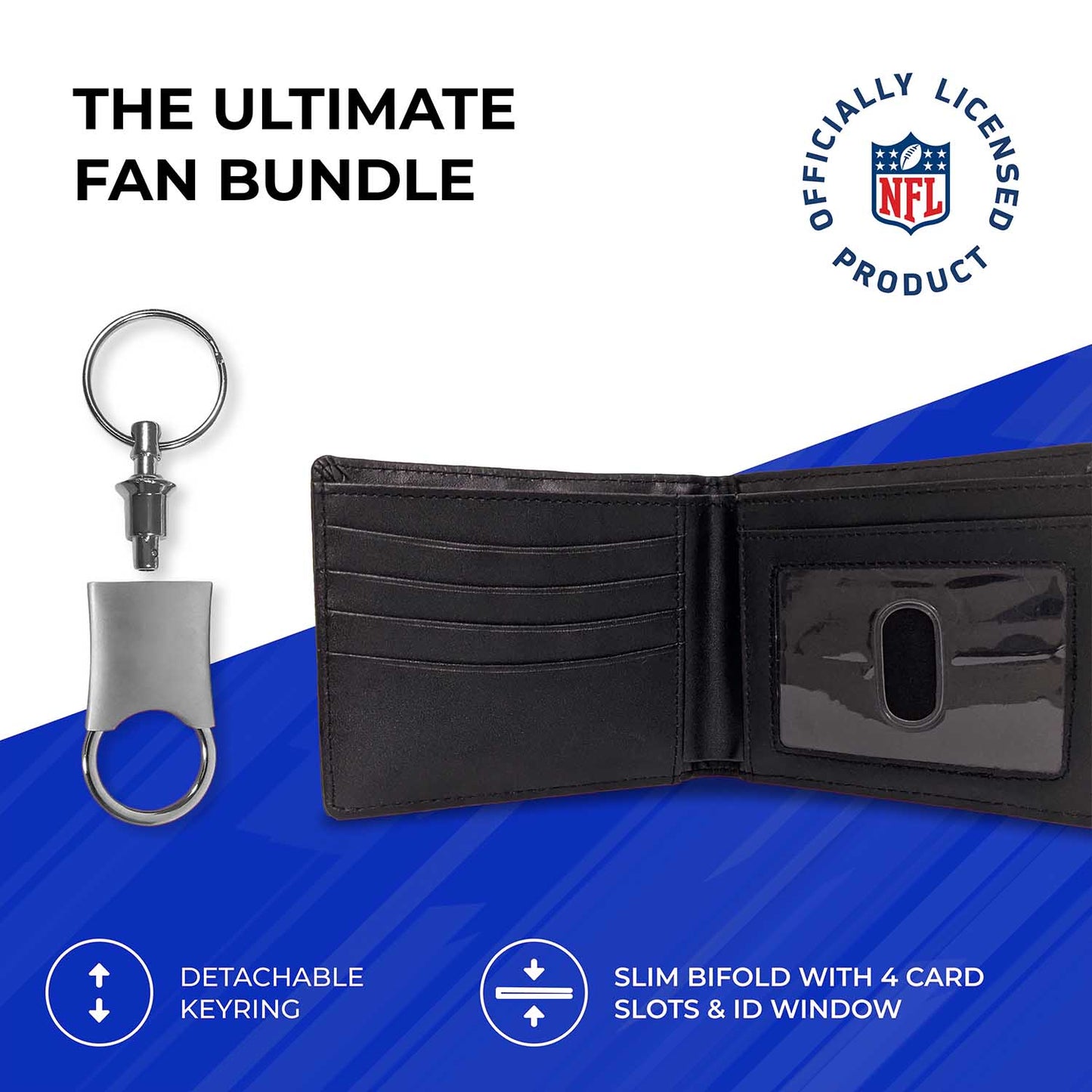Los Angeles Rams NFL Team Logo Mens Bi Fold Wallet and Unisex Valet Keychain Bundle - Black