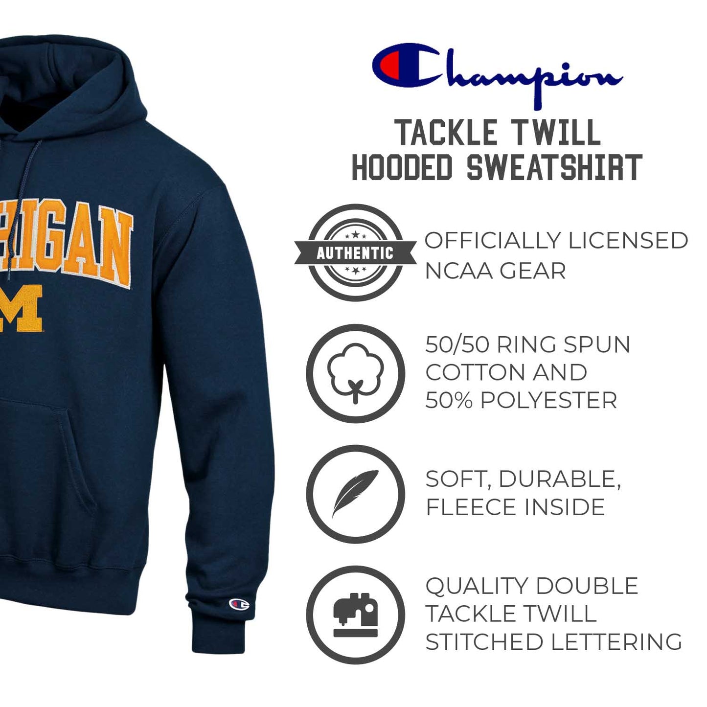 Michigan Wolverines Champion Adult Tackle Twill Hooded Sweatshirt - Navy