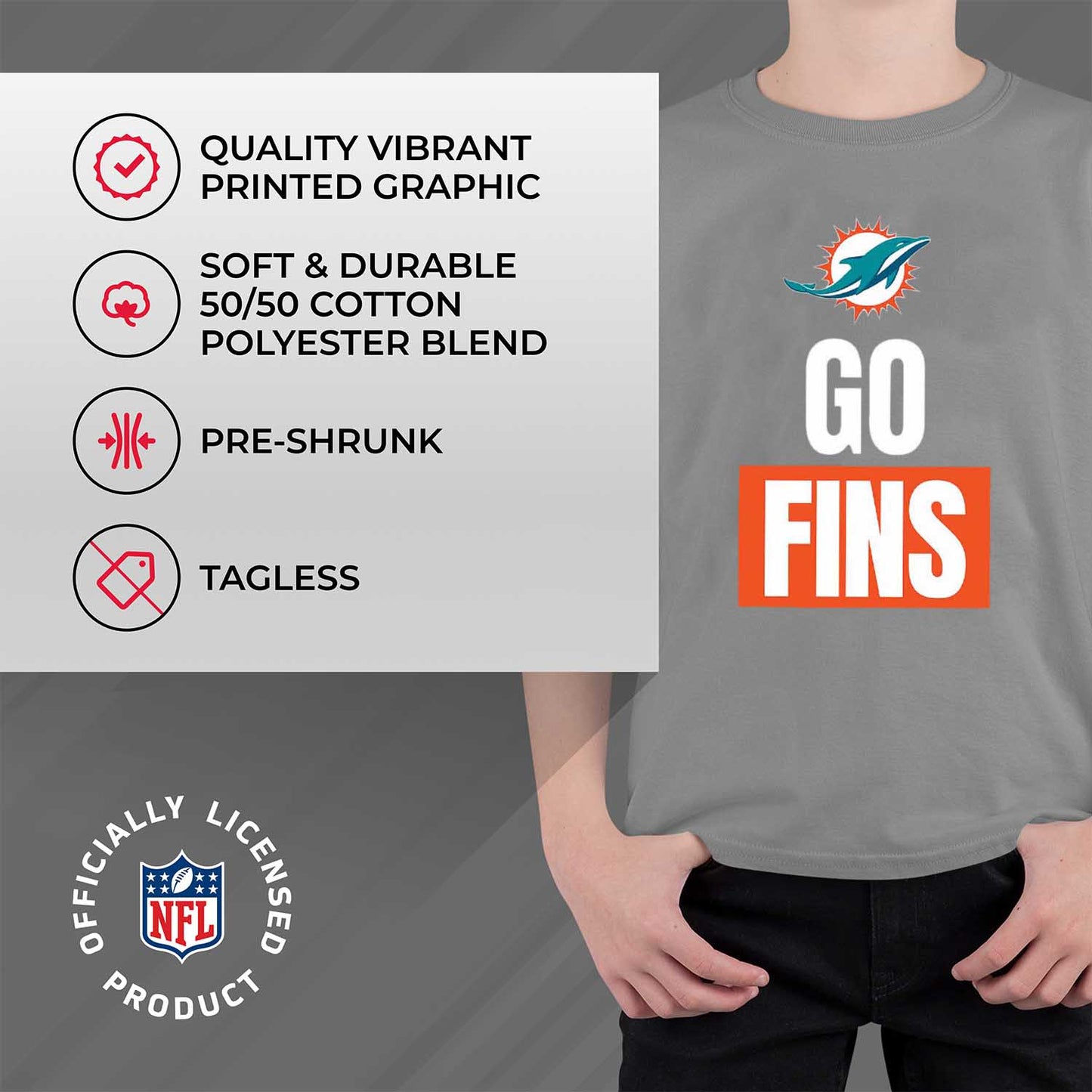 Miami Dolphins NFL Youth Team Slogan Short Sleeve Lightweight T Shirt - Gray