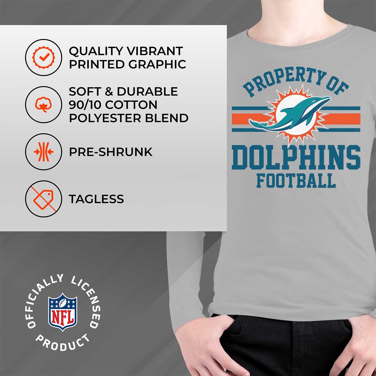 Miami Dolphins NFL Youth Property Of Long Sleeve Lightweight T Shirt - Sport Gray