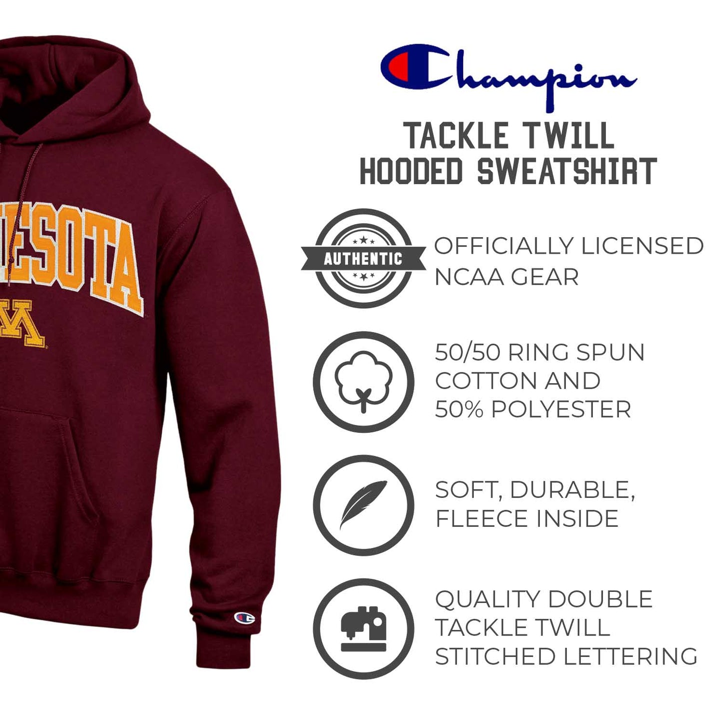 Minnesota Golden Gophers Champion Adult Tackle Twill Hooded Sweatshirt - Maroon