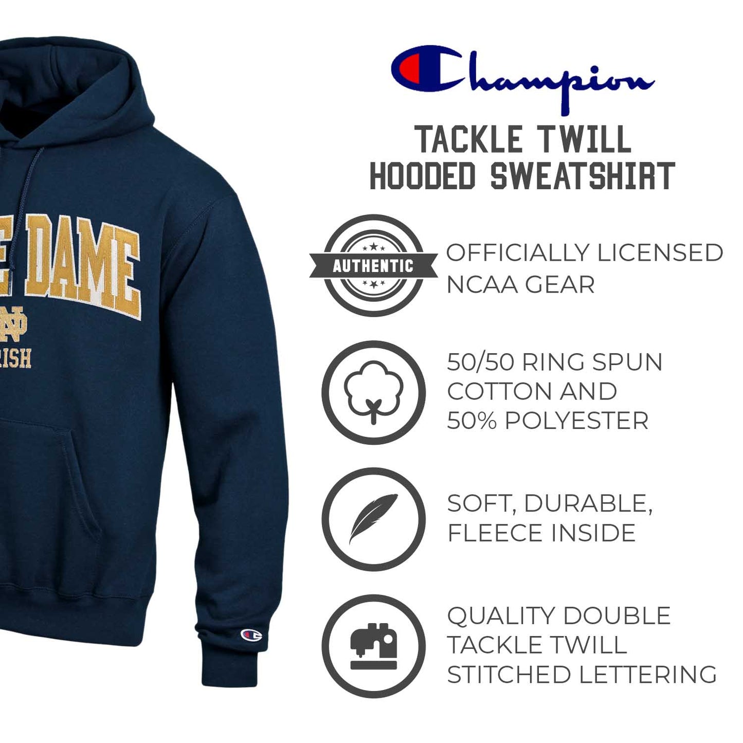 Notre Dame Fighting Irish Champion Adult Tackle Twill Hooded Sweatshirt - Navy
