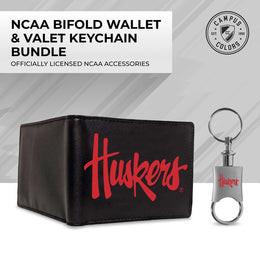 Nebraska Cornhuskers University Team Logo Mens Bi Fold Wallet and Unisex Valet Keychain Bundle - Black