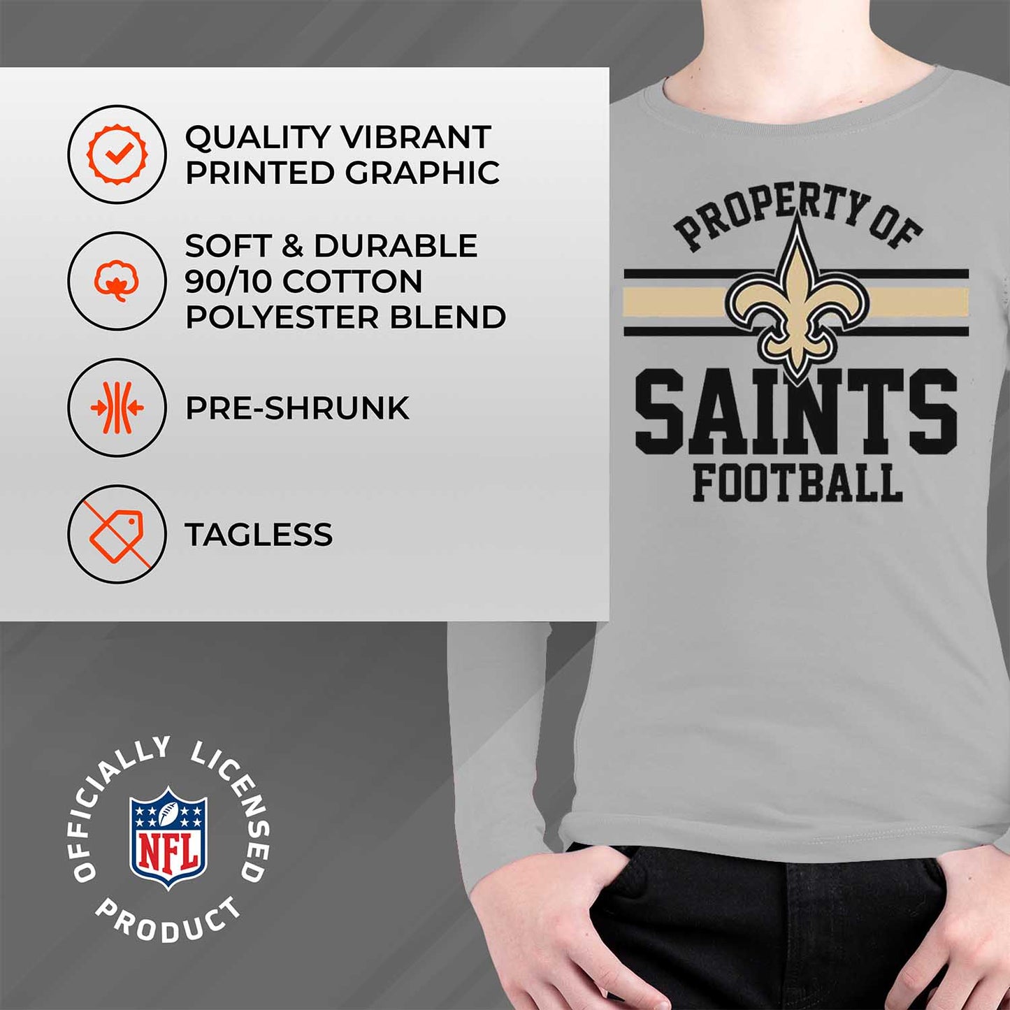 New Orleans Saints NFL Youth Property Of Long Sleeve Lightweight T Shirt - Sport Gray