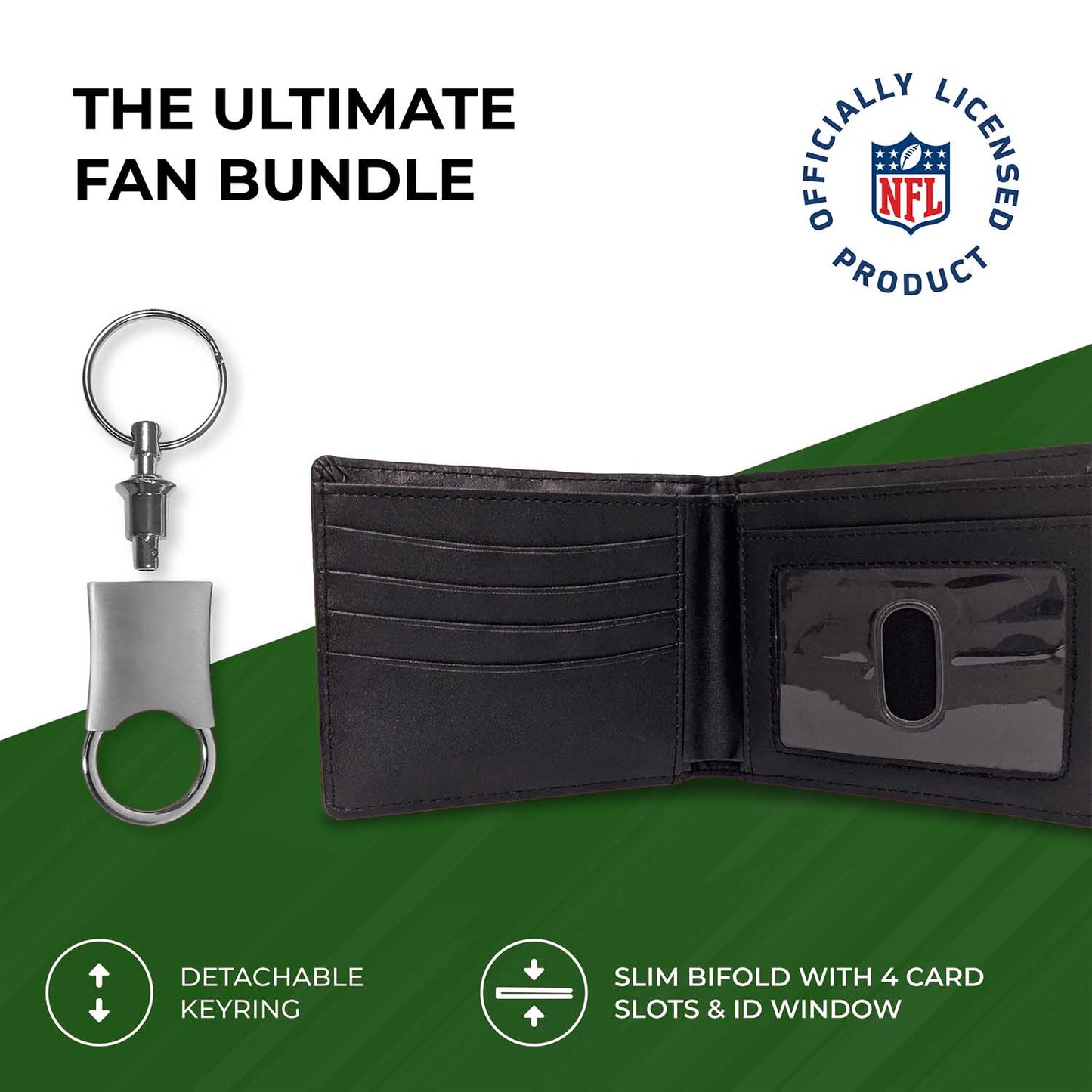 New York Jets NFL Team Logo Mens Bi Fold Wallet and Unisex Valet Keychain Bundle - Black
