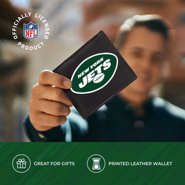 New York Jets NFL Team Logo Mens Bi Fold Wallet and Unisex Valet Keychain Bundle - Black
