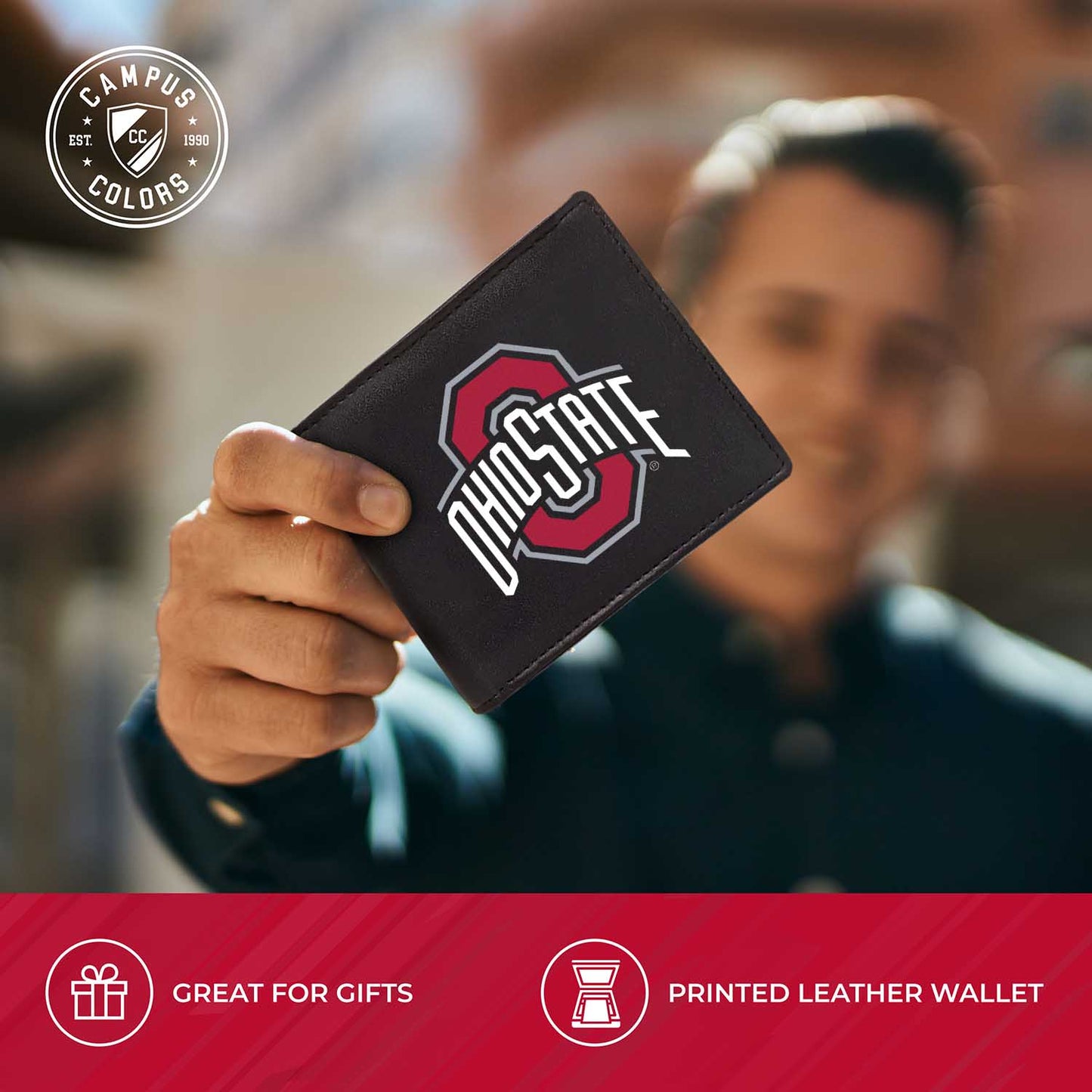 Ohio State Buckeyes University Team Logo Mens Bi Fold Wallet and Unisex Valet Keychain Bundle - Black