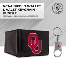 Oklahoma Sooners University Team Logo Mens Bi Fold Wallet and Unisex Valet Keychain Bundle - Black