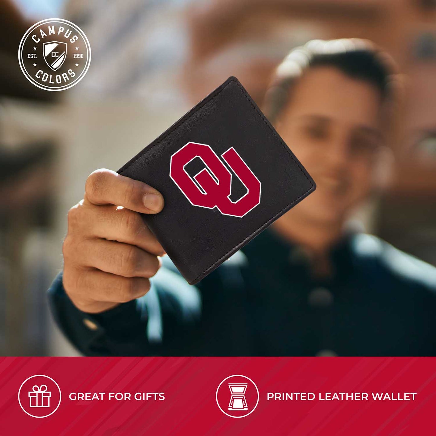 Oklahoma Sooners University Team Logo Mens Bi Fold Wallet and Unisex Valet Keychain Bundle - Black