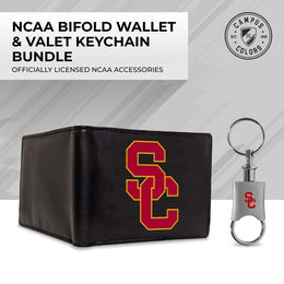 USC Trojans University Team Logo Mens Bi Fold Wallet and Unisex Valet Keychain Bundle - Black