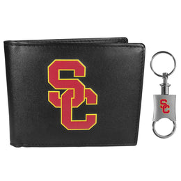 USC Trojans University Team Logo Mens Bi Fold Wallet and Unisex Valet Keychain Bundle - Black