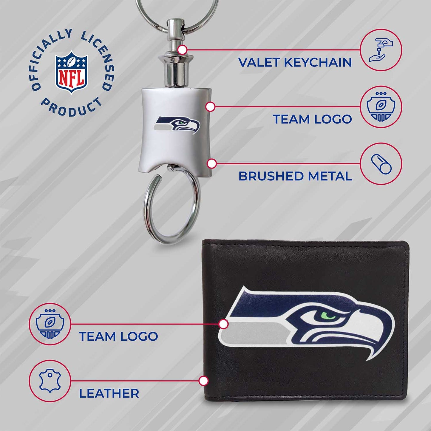 Seattle Seahawks NFL Team Logo Mens Bi Fold Wallet and Unisex Valet Keychain Bundle - Black