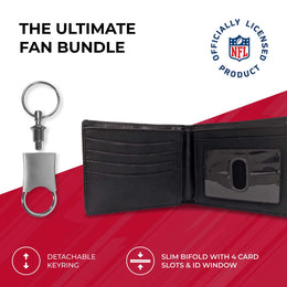 San Francisco 49ers NFL Team Logo Mens Bi Fold Wallet and Unisex Valet Keychain Bundle - Black