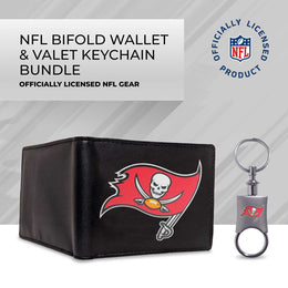 Tampa Bay Buccaneers NFL Team Logo Mens Bi Fold Wallet and Unisex Valet Keychain Bundle - Black