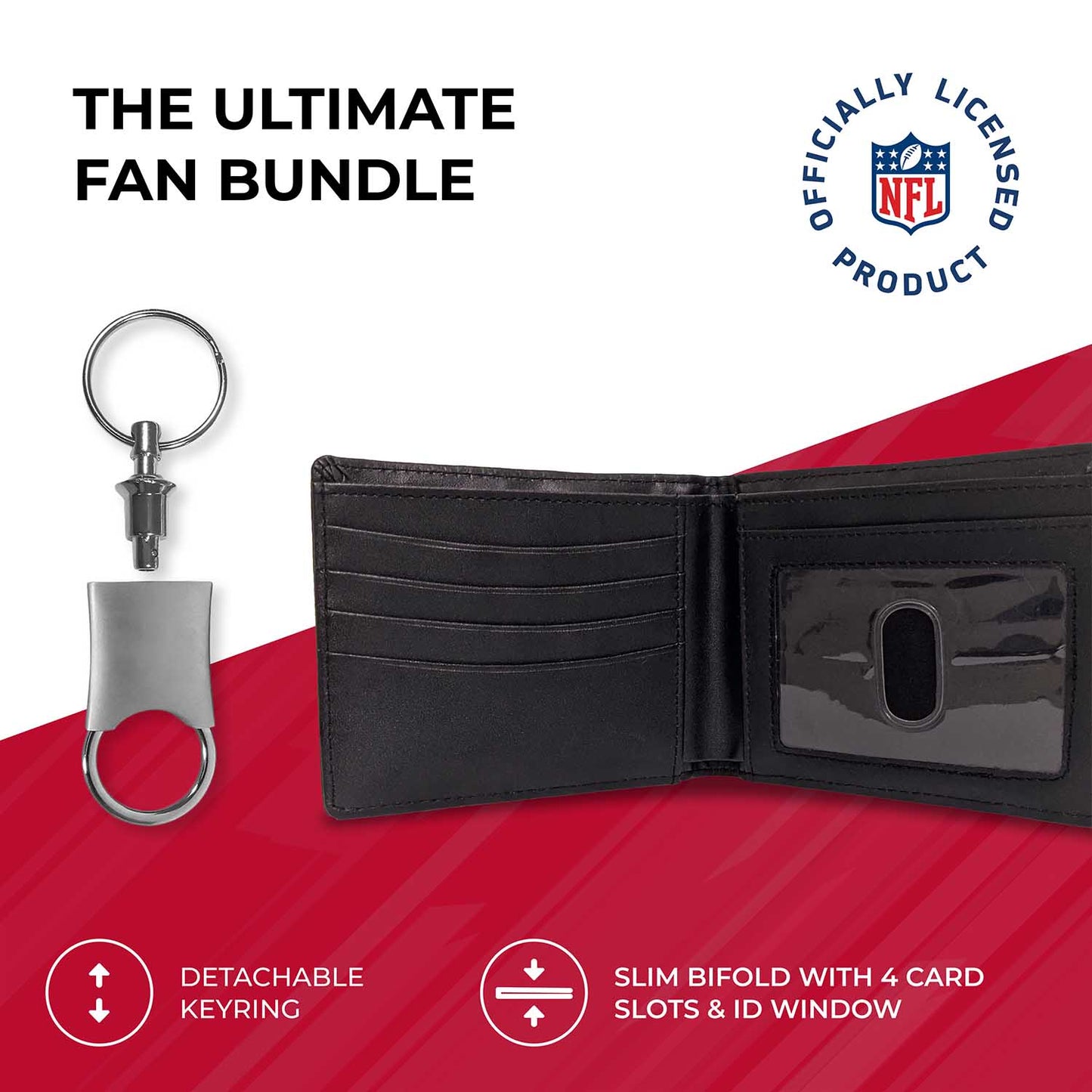 Tampa Bay Buccaneers NFL Team Logo Mens Bi Fold Wallet and Unisex Valet Keychain Bundle - Black