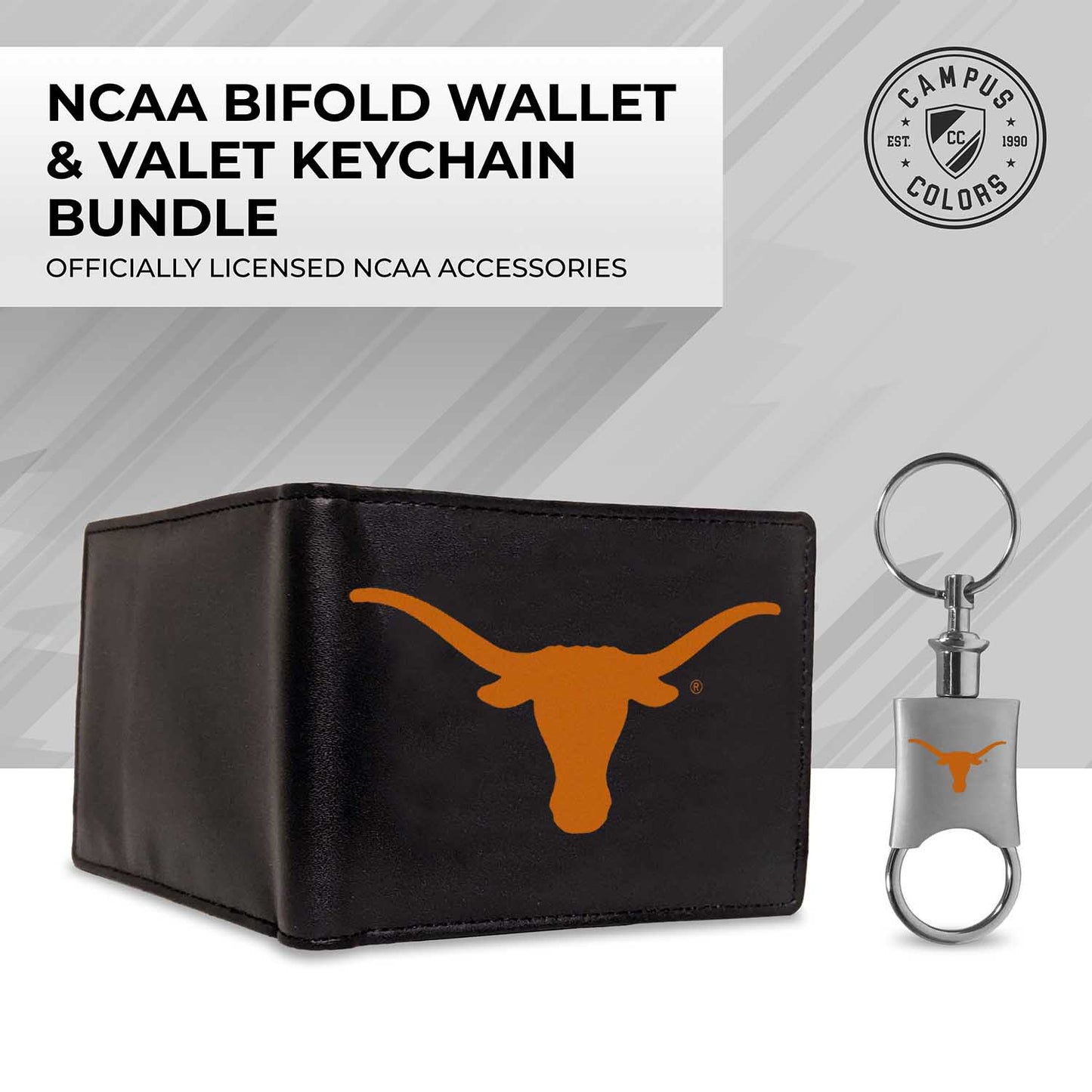 Texas Longhorns University Team Logo Mens Bi Fold Wallet and Unisex Valet Keychain Bundle - Black
