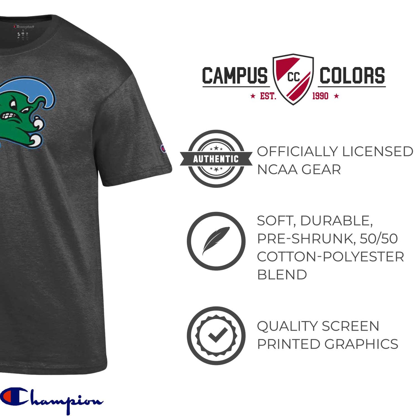 Tulane Green Wave Champion Adult NCAA Soft Style Mascot Tagless T-Shirt - Charcoal