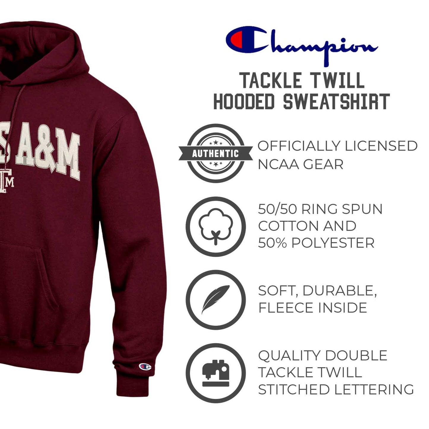 Texas A&M Aggies Champion Adult Tackle Twill Hooded Sweatshirt - Maroon