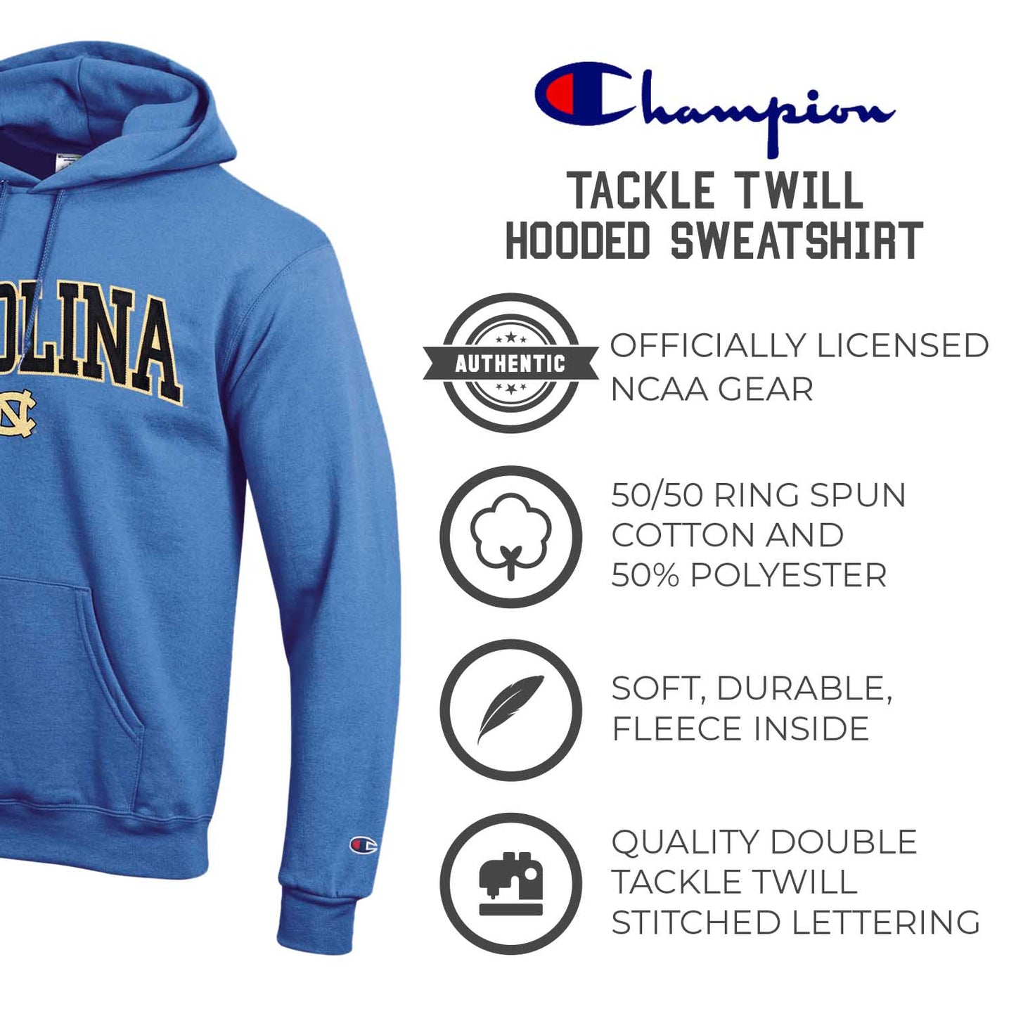 North Carolina Tar Heels Champion Adult Tackle Twill Hooded Sweatshirt - Light Blue