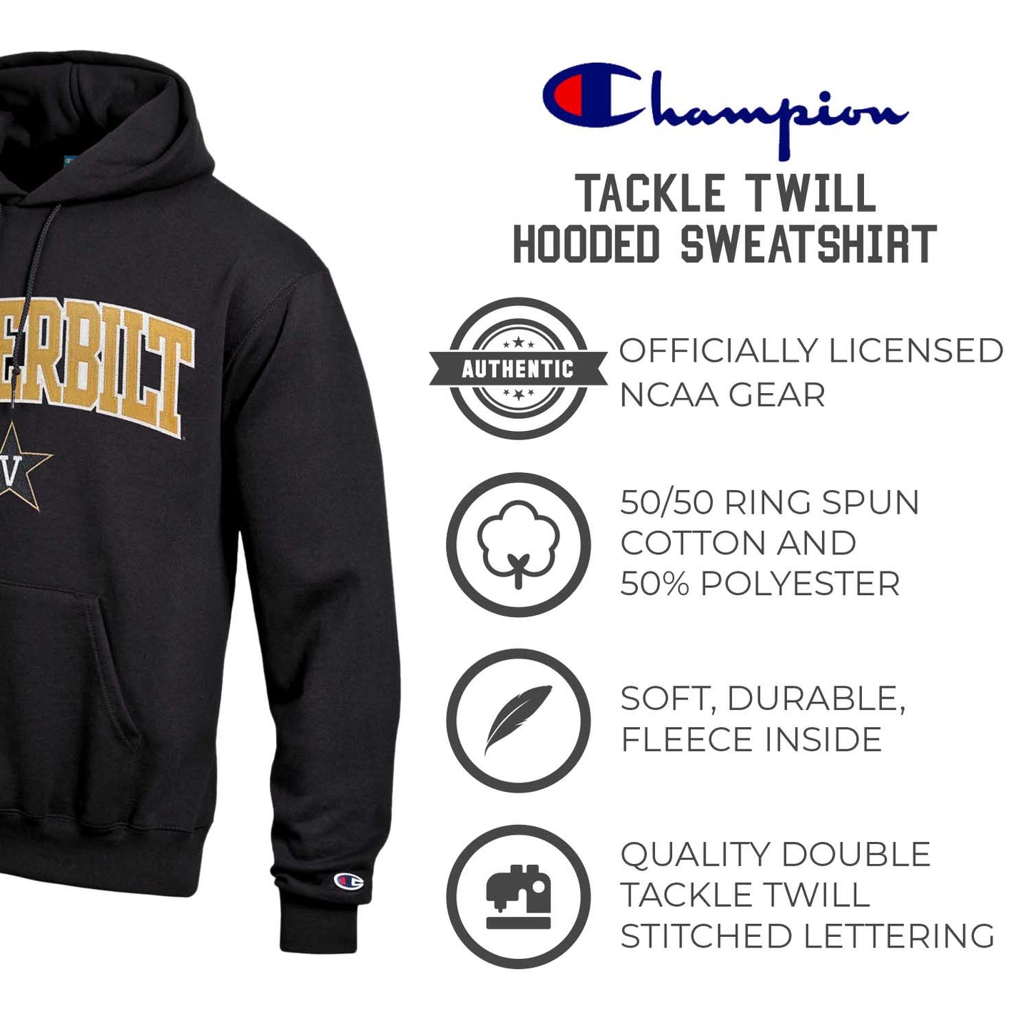 Vanderbilt Commodores Champion Adult Tackle Twill Hooded Sweatshirt - Black
